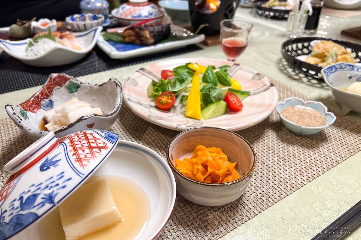 Japanese vegetarian meal with many different dishes in a minshuku on Rebun Island